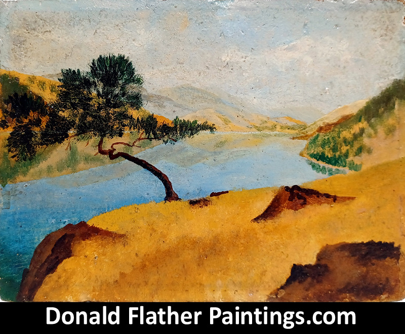 Dr. DM (Donald McIntosh) Flather original Canadian oil on board landscape painting titled Cliffside Pine Skaha Lake from the Okanagon Lake BC Interior Region