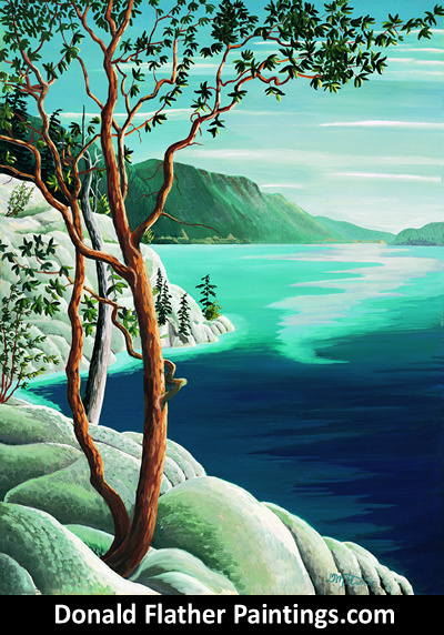 Click here to see Dr. DM Flather's original oil painting titled Cliffside Arbutus seascape painting's unframed view