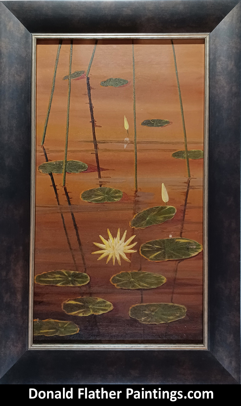 Lilly Pads original Donald Flather painting for sale - framed view