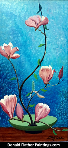 Click here to see Dr. DM (Donald McIntosh) Flather's original oil painting titled 'Magnolia Soulangeana' - Hybrid M. Denudata x M. Lilflora painting's unframed view