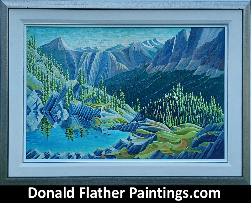 Framed view of Dr. DM (Donald Flather) original Canadian oil painting from the Rocky Mountains titled Mountain Pool South of the Three Valley Gap