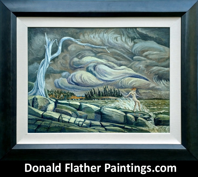 Donald Flather original Canadian oil landscape painting titled 'Eastwind Saltair' Squall on Sharpe Point seascape painting