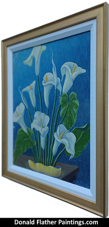 Click here to see Dr. DM (Donald McIntosh) Flather's original oil painting titled 'White Lillies' painting's framed side view