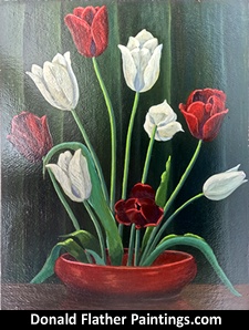 Click here to see Dr. DM (Donald McIntosh) Flather's original oil painting titled 'White Tulips' framed view