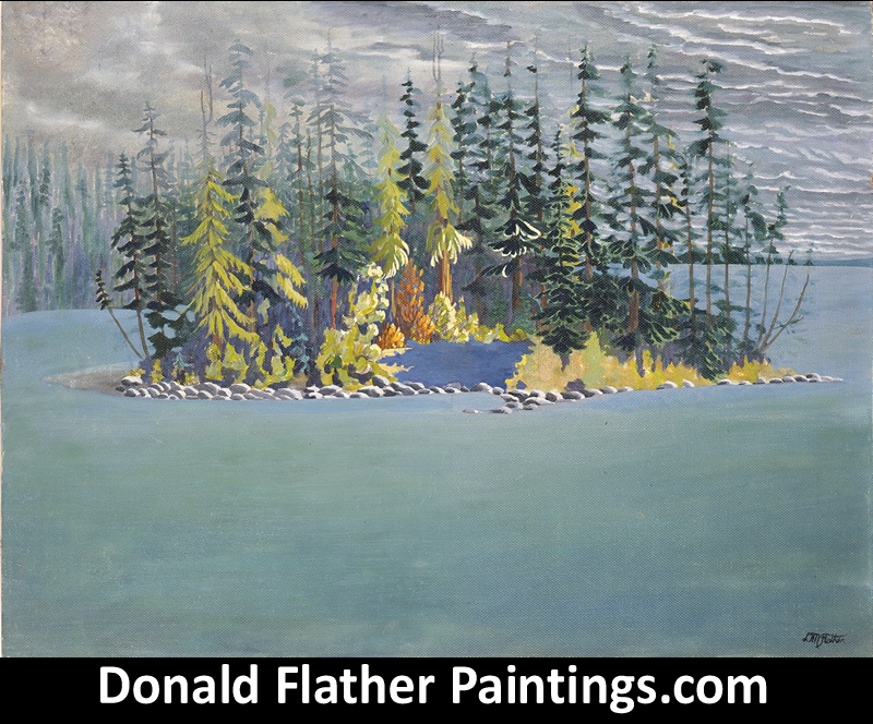 Donald Flather original Canadian oil landscape painting titled Island in Shuswap Lake BC Interior