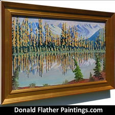 Click here to see Dr. DM Flather's Lake Reflections Canadian landscape painting's side frame view