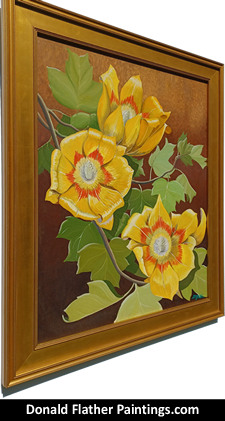 Click here to see Dr. DM (Donald McIntosh) Flather's original oil painting titled PFL52 Liriodendron Tulipifera and dated 1974-75 painting's framed side view
