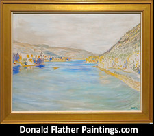 Click here to see DM Flather's original oil on canvas framed Shuswap Lake Region landscape painting for sale titled SHU13 Little Shuswap River Looking East from Squilax Bridge