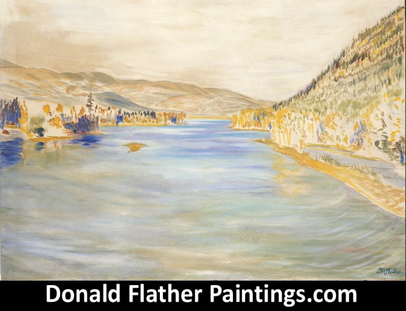 Dr. DM (Donald McIntosh) Flather original Canadian oil landscape painting titled Little Shuswap River Looking East from Squilax Bridge from the Shuswap Lake BC Interior Region