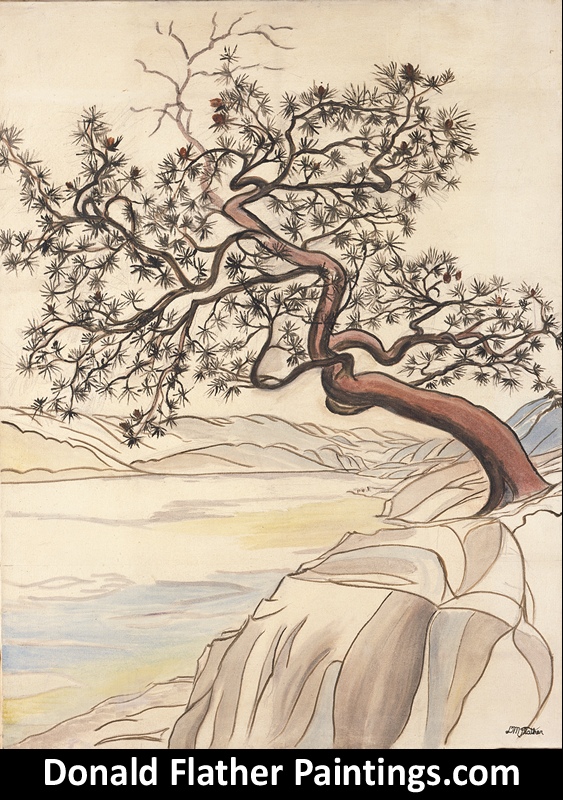 Dr. DM (Donald McIntosh) Flather original Canadian oil on canvas landscape painting titled Weathered Pine of Skaha from the Okanagon Lake BC Interior Region