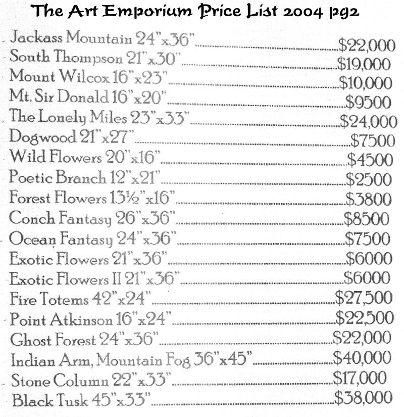 The Art Emporium Art Gallery's Price List page 2 for the 2004 Donald Flather solo art show